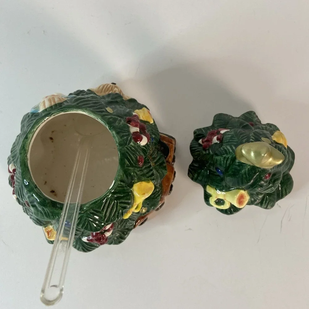 Vtg Earthenware Christmas Tree Sugar & Creamer Set w/Original Box Kitchen Decor